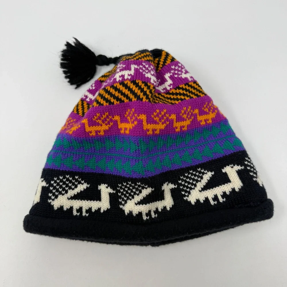 Turtle Fur Vintage Knit Beanie Llama Pattern‎ Fleece Lined Wool Blend Hat USA